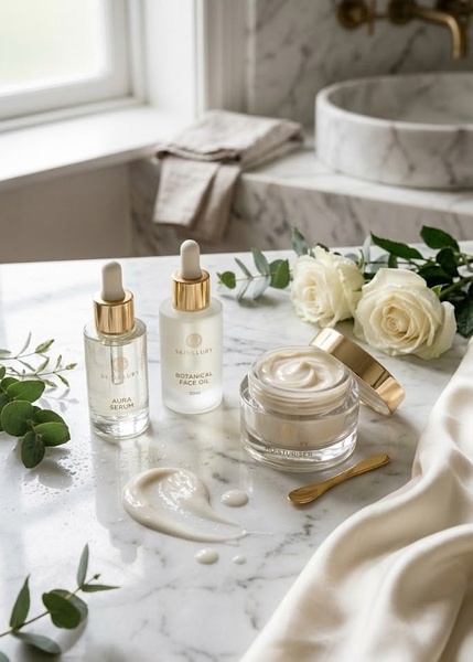 A high-end product photography display featuring a serum, facial oil, and moisturizer set on a marble countertop with white roses.