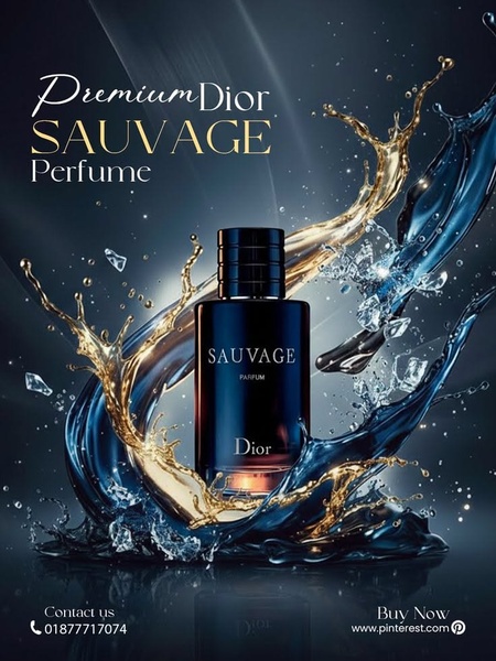 A high-end visual featuring a bottle of perfume centered amidst dynamic, golden and blue water splashes against a dark, moody background.