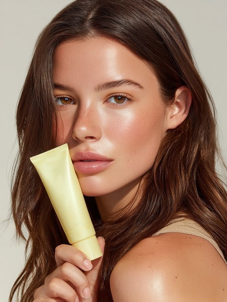 A close-up portrait of a woman holding a yellow tube of skin cream, emphasizing natural, glowing skin and clean aesthetics.