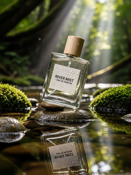 A high-quality product shot of a perfume bottle balanced on wet river stones, surrounded by lush forest greenery and soft sun rays.