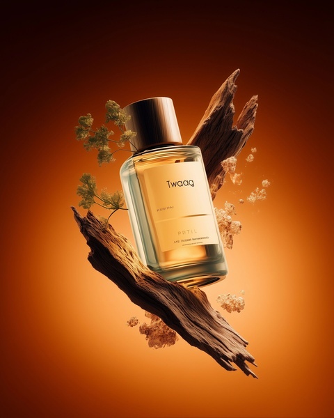 A high-end, floating perfume bottle surrounded by organic wood fragments and golden embers, set against a warm, gradient background.