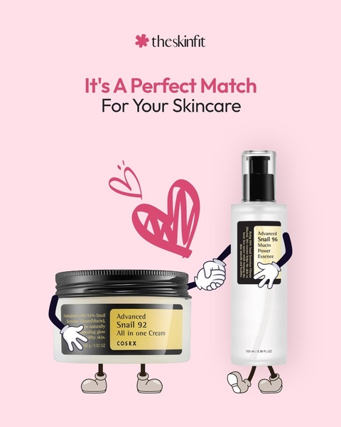 A playful 4:5 visual featuring cartoon character versions of skincare products holding hands to demonstrate a perfect regimen pairing.