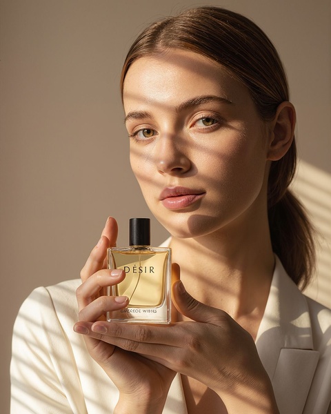 A high-end, clean product shot of a perfume bottle held by a woman in a white blazer, using soft light and blind shadow patterns.