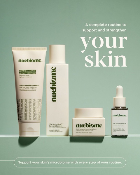 A high-end, minimalist product hero image showcasing a four-step skincare routine against a soft, muted sage green backdrop.