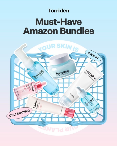 A flat-lay product showcase featuring multiple skincare items arranged inside a basket to emphasize bundle value.