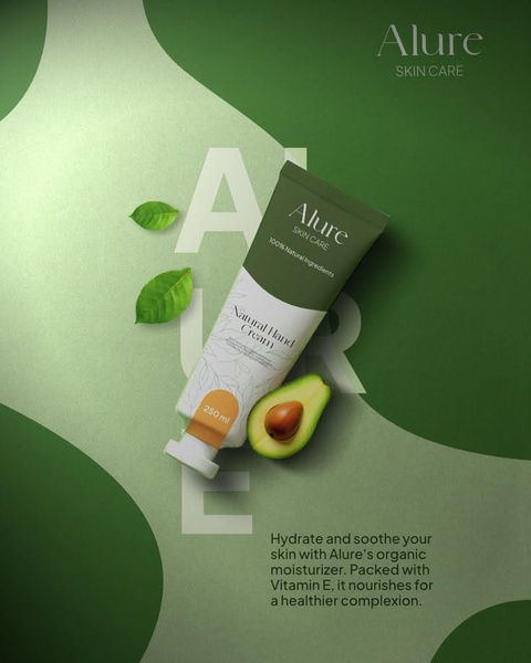 A high-contrast 4:5 vertical product hero shot featuring hand cream alongside a sliced avocado on a layered sage green background.