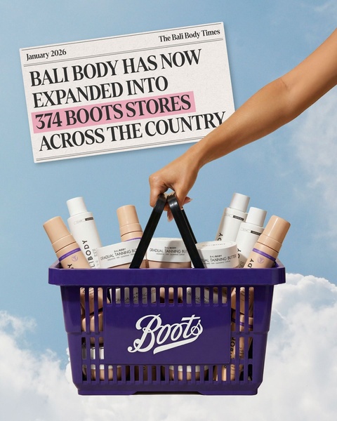 A hand holds a shopping basket full of tanning butter products underneath a faux newspaper headline celebrating a major retail store expansion.