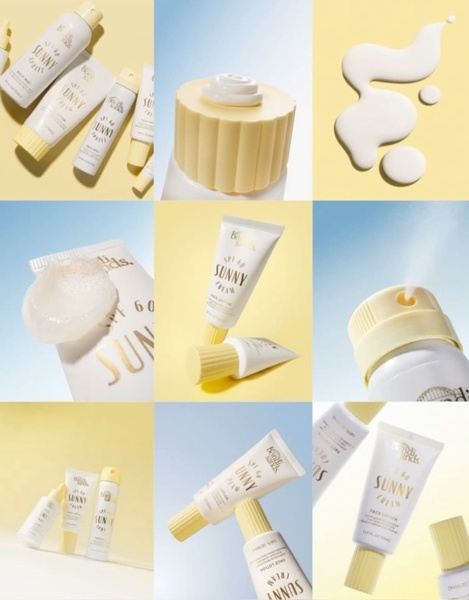 A high-end 3x3 grid aesthetic featuring close-up shots of sunscreen bottles, lotion textures, and application sprays, designed to highlight product purity.