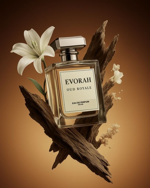 A high-end studio product photograph featuring a perfume bottle floating alongside driftwood and a white lily against a warm, gradient background.