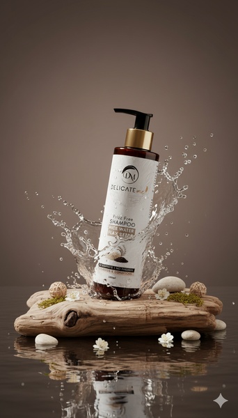 A high-end studio product shot of a hair care bottle surrounded by a dynamic water splash and organic natural elements on a wooden platform.