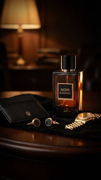 A high-end, moody lifestyle shot featuring a perfume bottle, black leather wallet, cufflinks, and a gold watch on a desk.