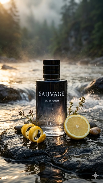 A high-quality product shot featuring a perfume bottle placed on dark, wet rocks beside a flowing river with sliced lemon garnishes.