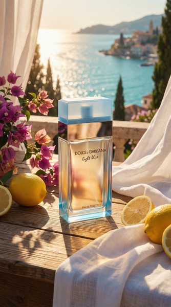 A high-end fragrance bottle set against a coastal Mediterranean sunset background with lemons and flowers, emphasizing a luxurious and refreshing lifestyle.