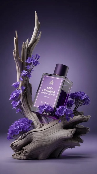 A luxury perfume bottle surrounded by natural lavender flowers and weathered driftwood, creating a sophisticated and organic product hero image.