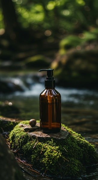 A clean, organic product-focused shot of an amber pump bottle resting on a mossy rock in a forest stream.