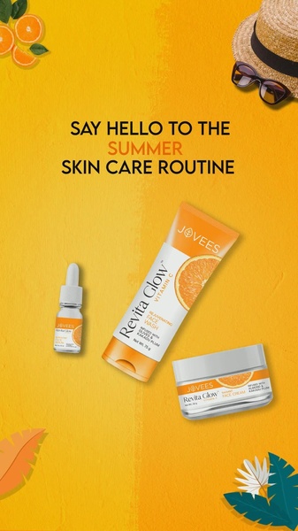 A vibrant vertical ad featuring skincare products displayed with summer motifs like straw hats and citrus elements.