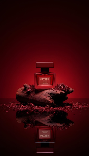 A high-end studio product shot featuring a perfume bottle placed on natural wood with deep red lighting and reflections.
