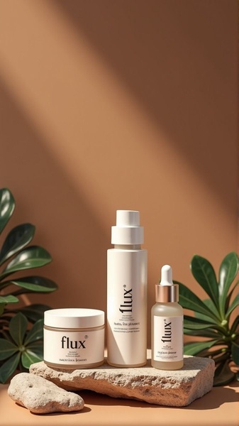 A high-end product hero shot featuring a cream jar, serum bottle, and dropper bottle arranged on a natural stone base with organic foliage.