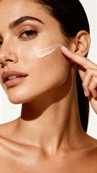 A close-up, high-detail beauty shot showing a finger applying a smooth, cream-based skincare product directly to the cheekbone area.