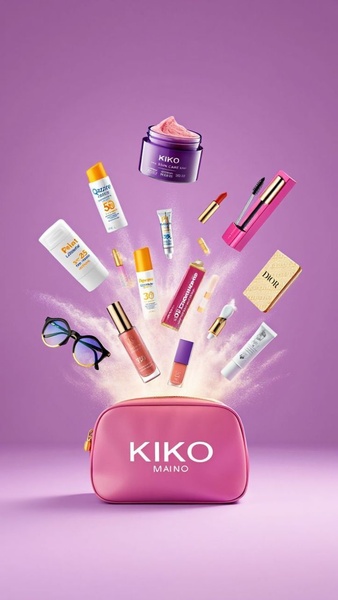 A visually dynamic composition featuring a pink cosmetic bag at the base with various beauty products exploding outwards in a purple-toned environment.