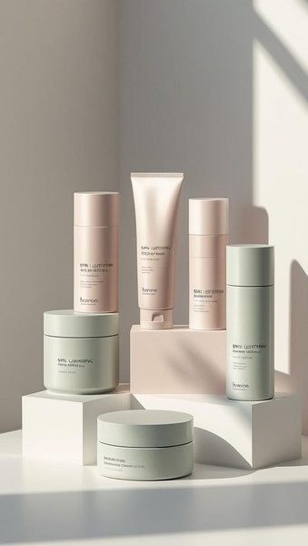 A high-end, clean studio shot featuring a collection of skincare bottles and jars arranged on geometric pedestals in soft, natural lighting.
