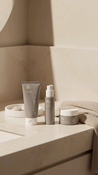 A high-end, clean aesthetic shot featuring a three-piece skincare set arranged on a stone countertop in natural, soft lighting.