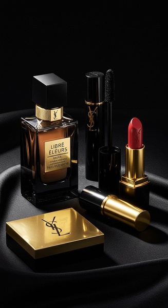 A high-end composition featuring a signature perfume, lipstick, mascara, and compact powder arranged on a dark, reflective surface with dramatic lighting.