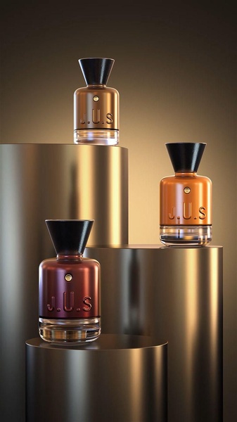 A high-end studio shot of three distinct perfume bottles arranged on metallic cylindrical pedestals against a warm, gradient background.
