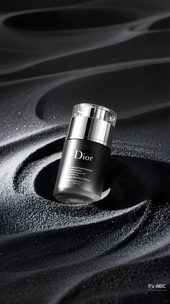 A high-end product photography shot of a Dior skincare cream bottle nestled in dark, sculptural sand ripples to emphasize luxury.