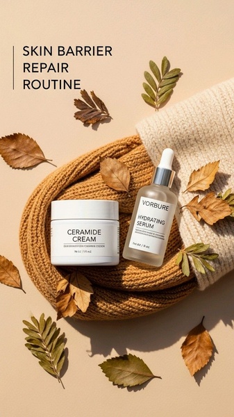 A sophisticated flat lay featuring a ceramic cream and hydrating serum, styled with seasonal autumn leaves and a wool scarf for a cozy, effective beauty aesthetic.