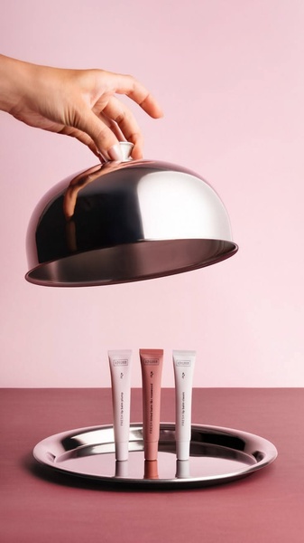 A high-end, minimalist studio shot featuring three lip balm tubes on a silver tray, being revealed by a hand lifting a silver cloche lid.
