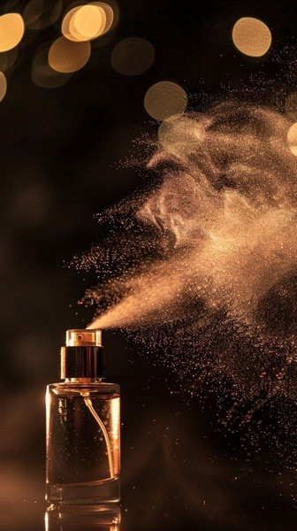 A close-up shot of a perfume bottle mid-spray, capturing fine particles illuminated by warm, golden bokeh light against a dark background.