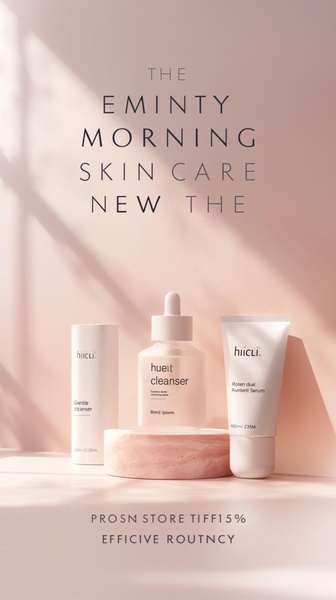 A high-end, studio-lit hero shot of a three-piece skin care set featuring a gentle cleanser, serum, and lotion on a marbled display stand.