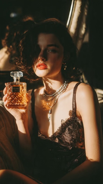 A close-up portrait of a woman holding a fragrance bottle in warm, cinematic sunset lighting, evoking a sense of luxury and intimacy.