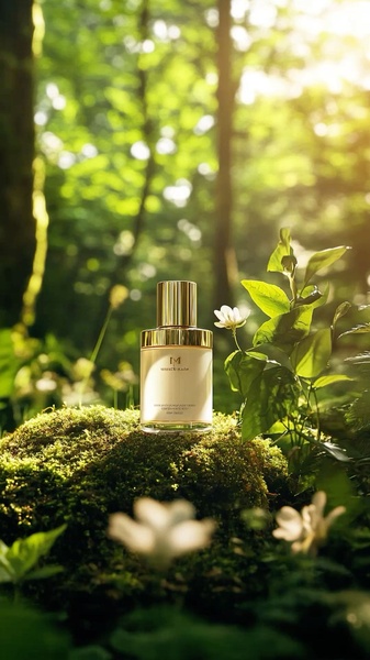 A high-end perfume bottle resting on mossy ground, surrounded by wildflowers in a sun-drenched, natural forest setting.