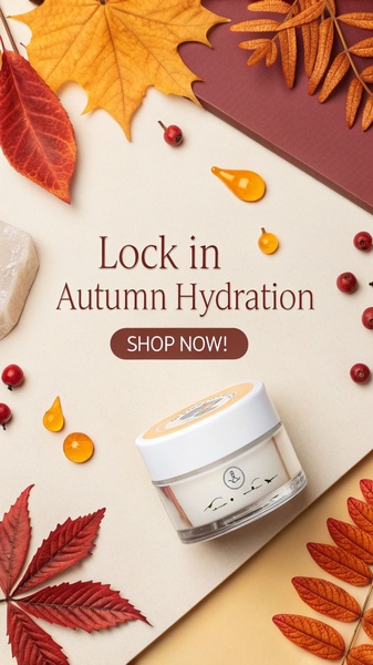 A high-quality 9:16 vertical creative featuring a face cream jar surrounded by autumnal leaves and capsules to signify seasonal hydration.