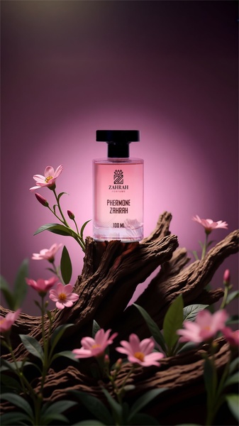 A high-end product hero shot featuring a perfume bottle placed on a weathered log surrounded by soft pink flowers against a moody purple background.