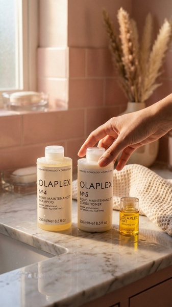 A close-up, aspirational lifestyle shot featuring shampoo, conditioner, and bonding oil on a marble surface in a warm-lit bathroom setting.