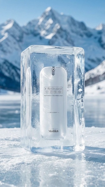This creative showcases the youth activating cream encased in a solid block of ice, set against a pristine, sunlit mountain backdrop to communicate purity and cooling rejuvenation.
