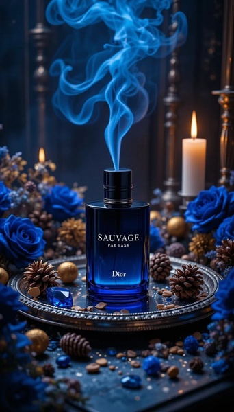 A high-end fragrance bottle stands on a silver tray surrounded by deep blue roses, pine cones, and candlelit ambiance.