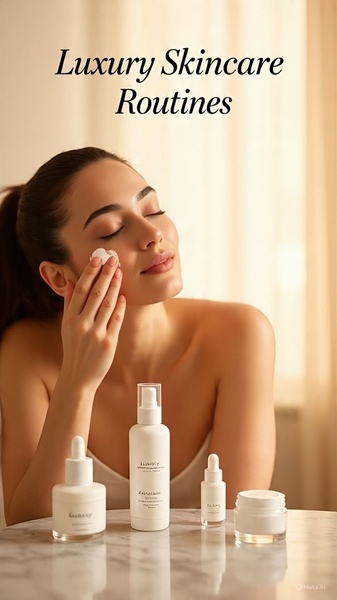 A high-end, serene visual featuring a model applying cream alongside a curated set of skincare bottles. The composition focuses on luxury, wellness, and self-care.