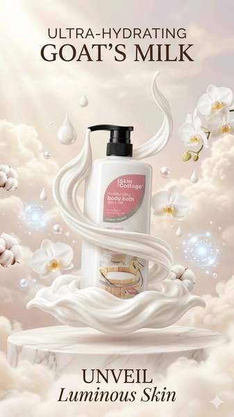 A high-end 9:16 vertical creative featuring a bottle of moisturizing body bath surrounded by liquid splashes, delicate orchids, and cotton accents.