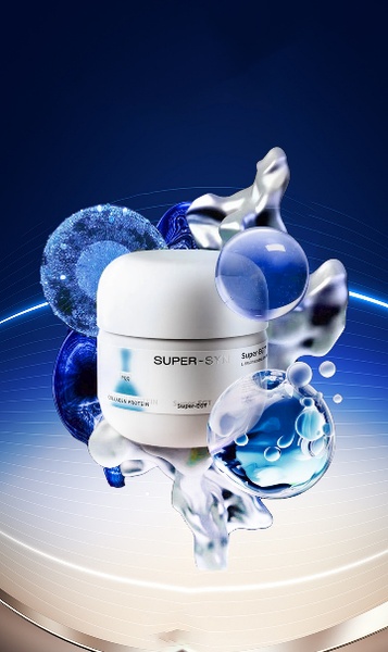 A high-end skincare ad featuring a cream container suspended amidst floating blue liquid spheres and metallic abstract shapes against a deep blue gradient background.