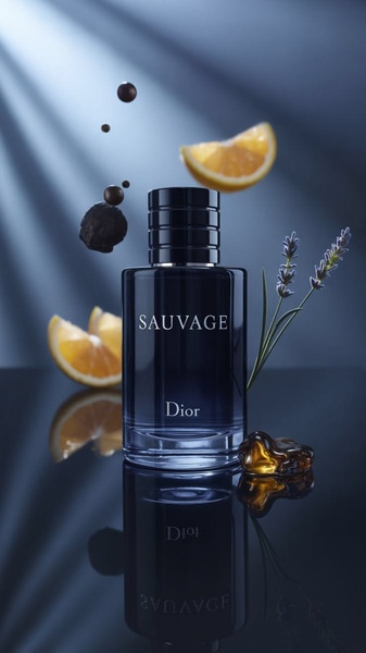 A high-end, studio-lit photograph of a cologne bottle surrounded by deconstructed natural ingredients like orange slices and lavender.