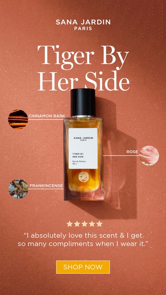 A 9:16 vertical social ad displaying a perfume bottle surrounded by ingredient callouts and a five-star customer review.