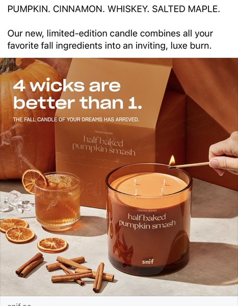 A clean, high-contrast studio shot showing a four-wick candle, cinnamon sticks, and a drink, emphasizing a bold claim about candle performance.