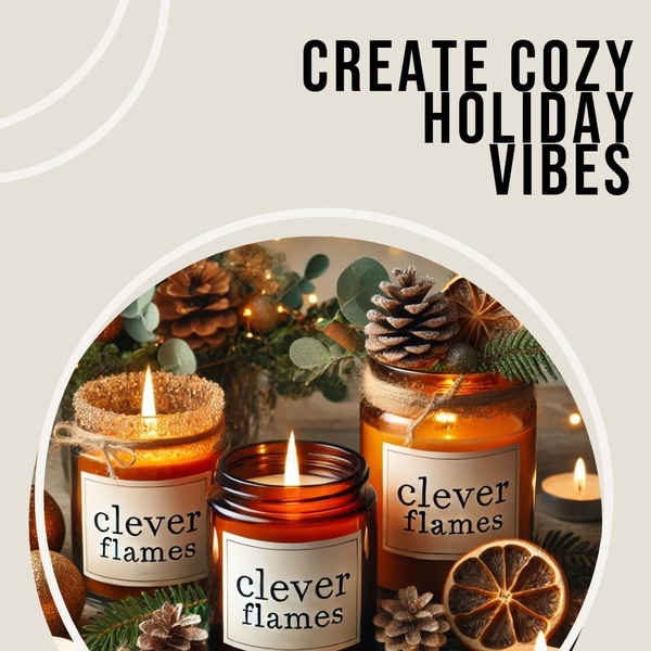 This creative showcases scented candles styled with holiday elements like pinecones and dried oranges to evoke a warm, festive feeling.