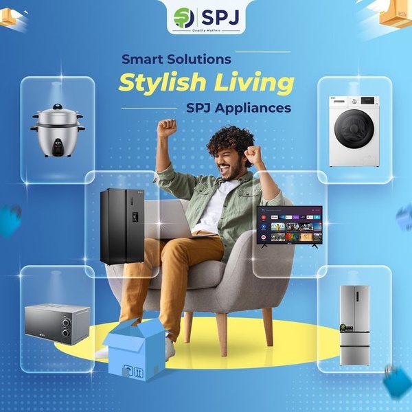This ad creative displays a wide range of SPJ home appliances arranged around a central, happy user to create a cohesive lifestyle look.
