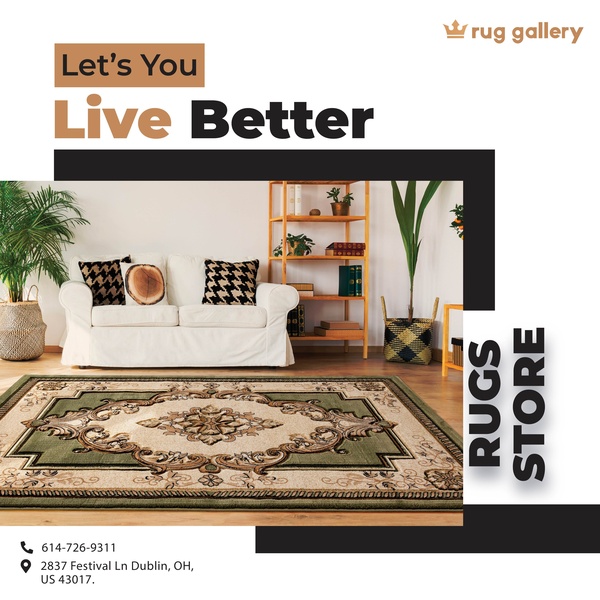 A clean, high-quality photograph showcasing a decorative rug in a bright, modern living room setting to highlight product integration.
