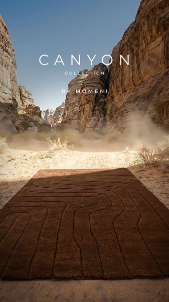 A high-contrast cinematic shot of a brown textured rug placed in the middle of a rocky, dusty canyon landscape.